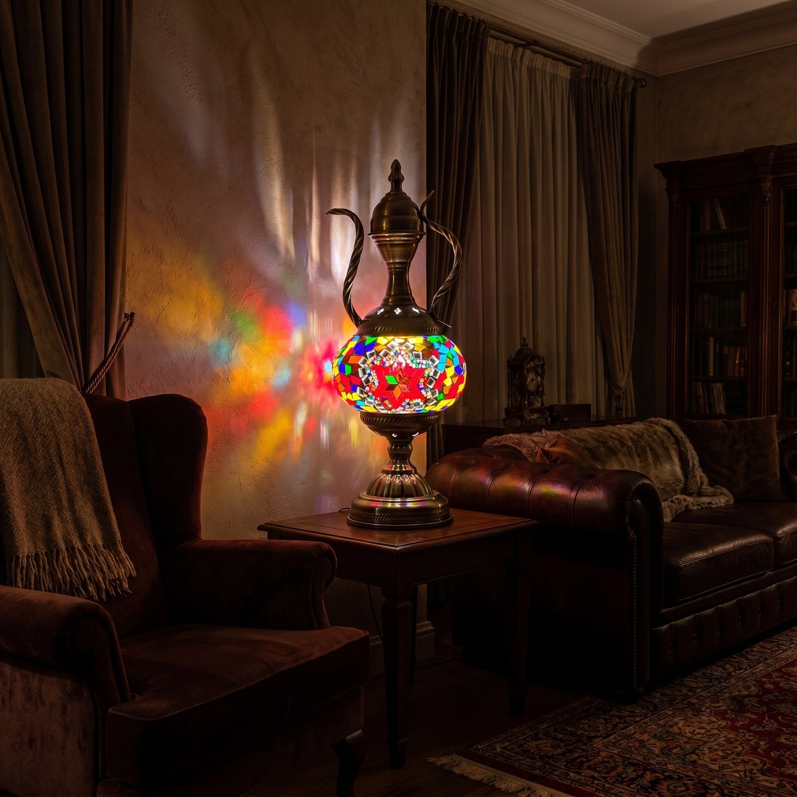 Crimson Elegance mosaic glass table lamp — glowing in a warm, dimly-lit evening room