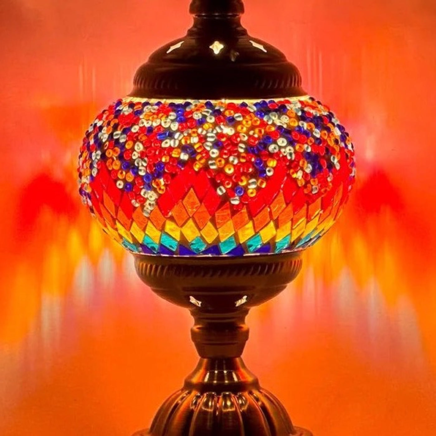 Crimson Spectrum mosaic glass table lamp — close-up of the hand-cut mosaic glass