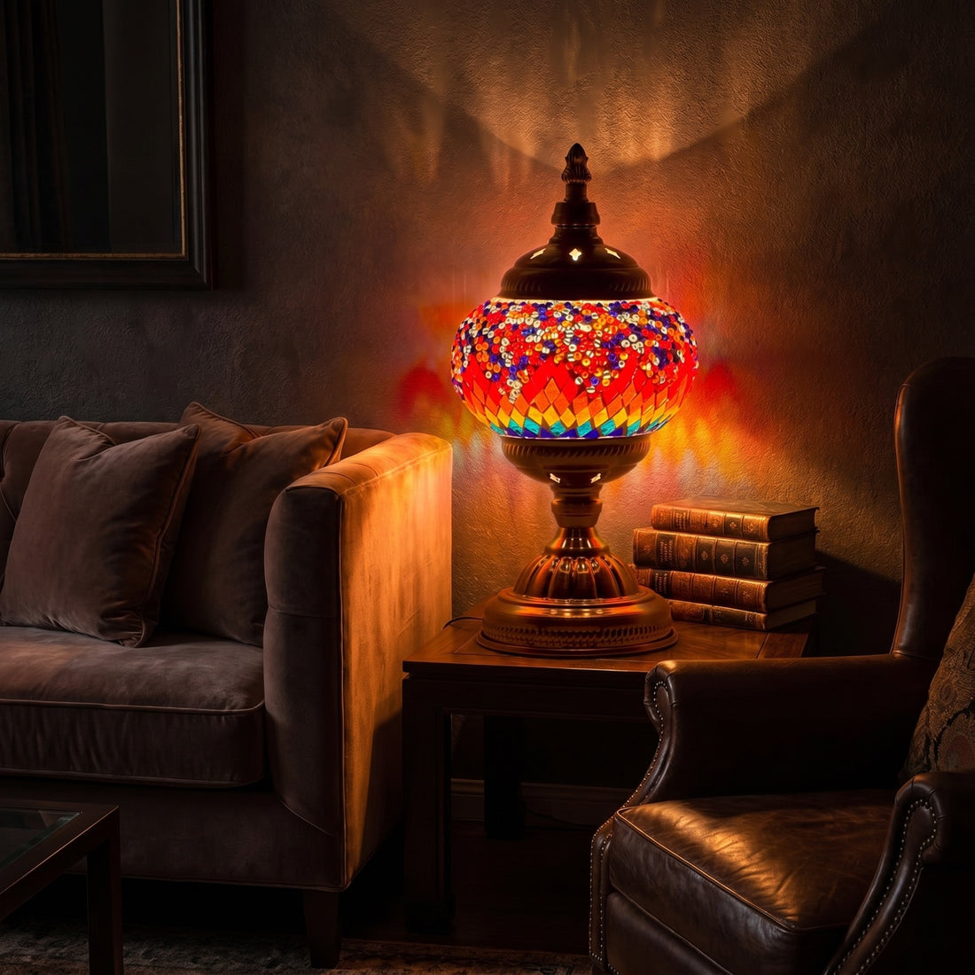 Crimson Spectrum mosaic glass table lamp — glowing against a deep charcoal background