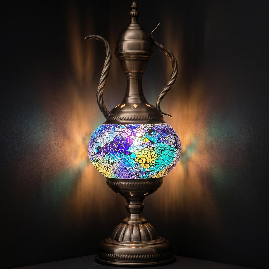 Dark Purple Sky Vintage Mosaic Lamp mosaic glass table lamp — glowing against a deep charcoal background