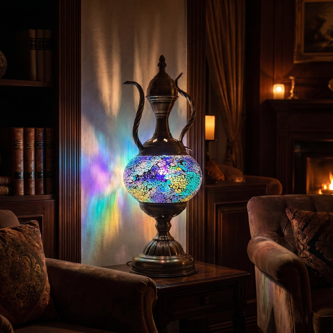 Dark Purple Sky Vintage Mosaic Lamp mosaic glass table lamp — glowing against a deep charcoal background