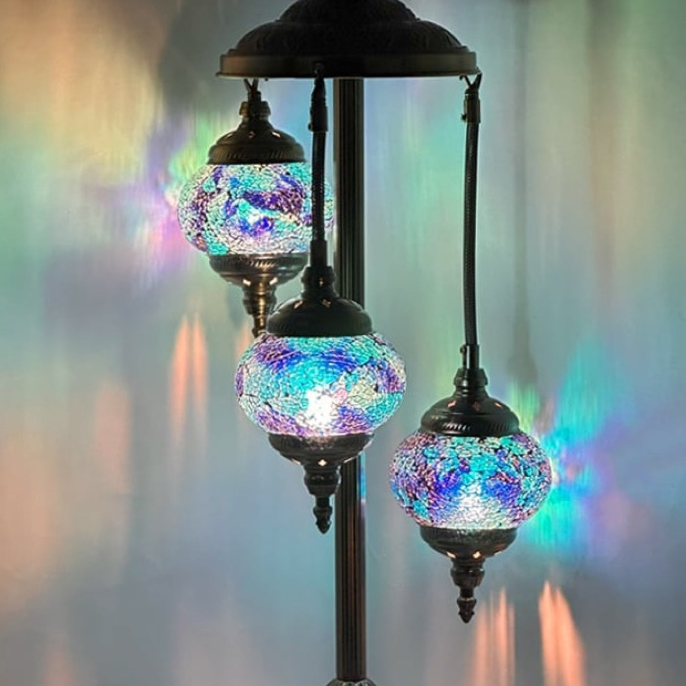 Deep Blue Handmade Turkish Floor Lamps with 3 Globes mosaic glass table lamp — close-up of the hand-cut mosaic glass