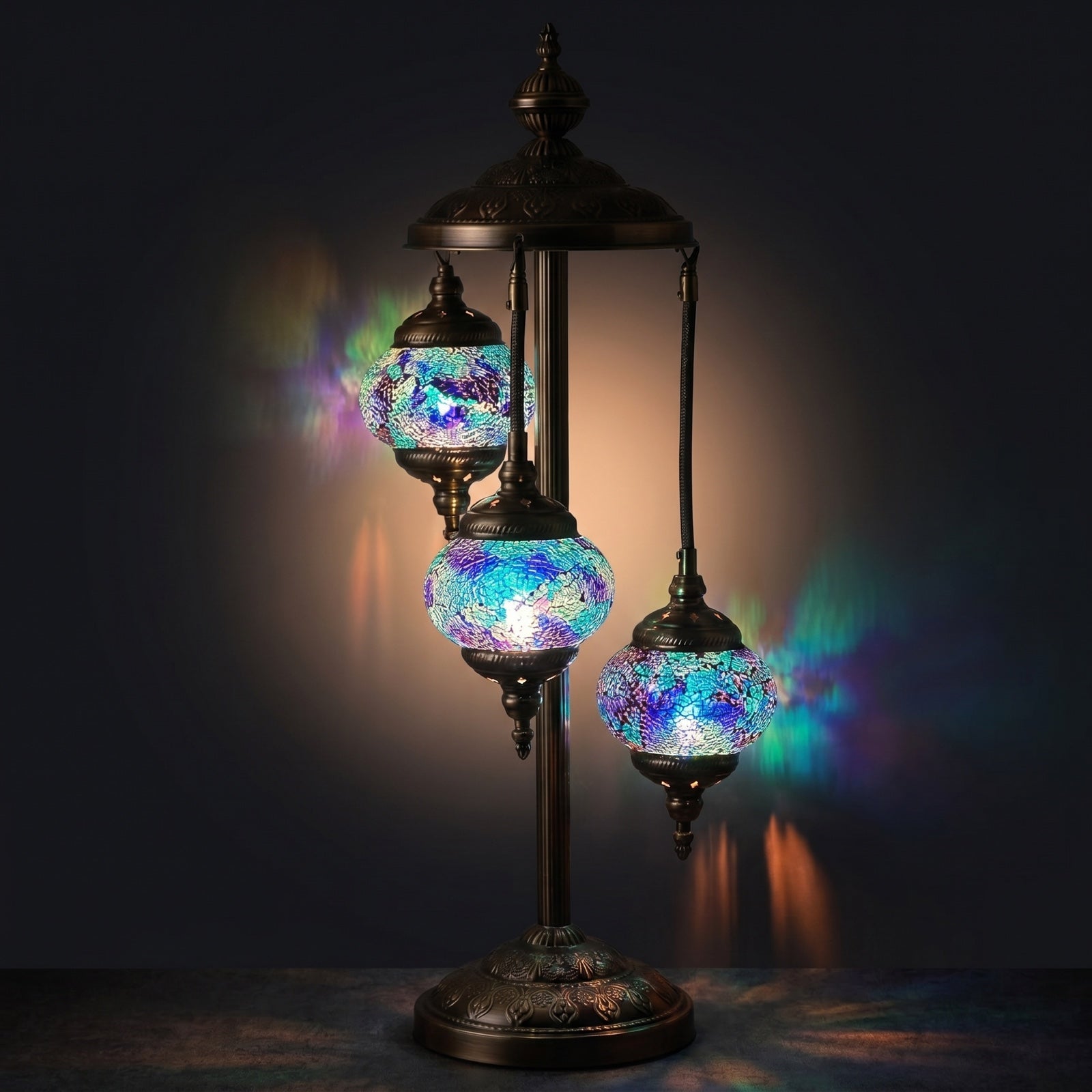 Deep Blue Handmade Turkish Floor Lamps with 3 Globes mosaic glass table lamp — glowing against a deep charcoal background