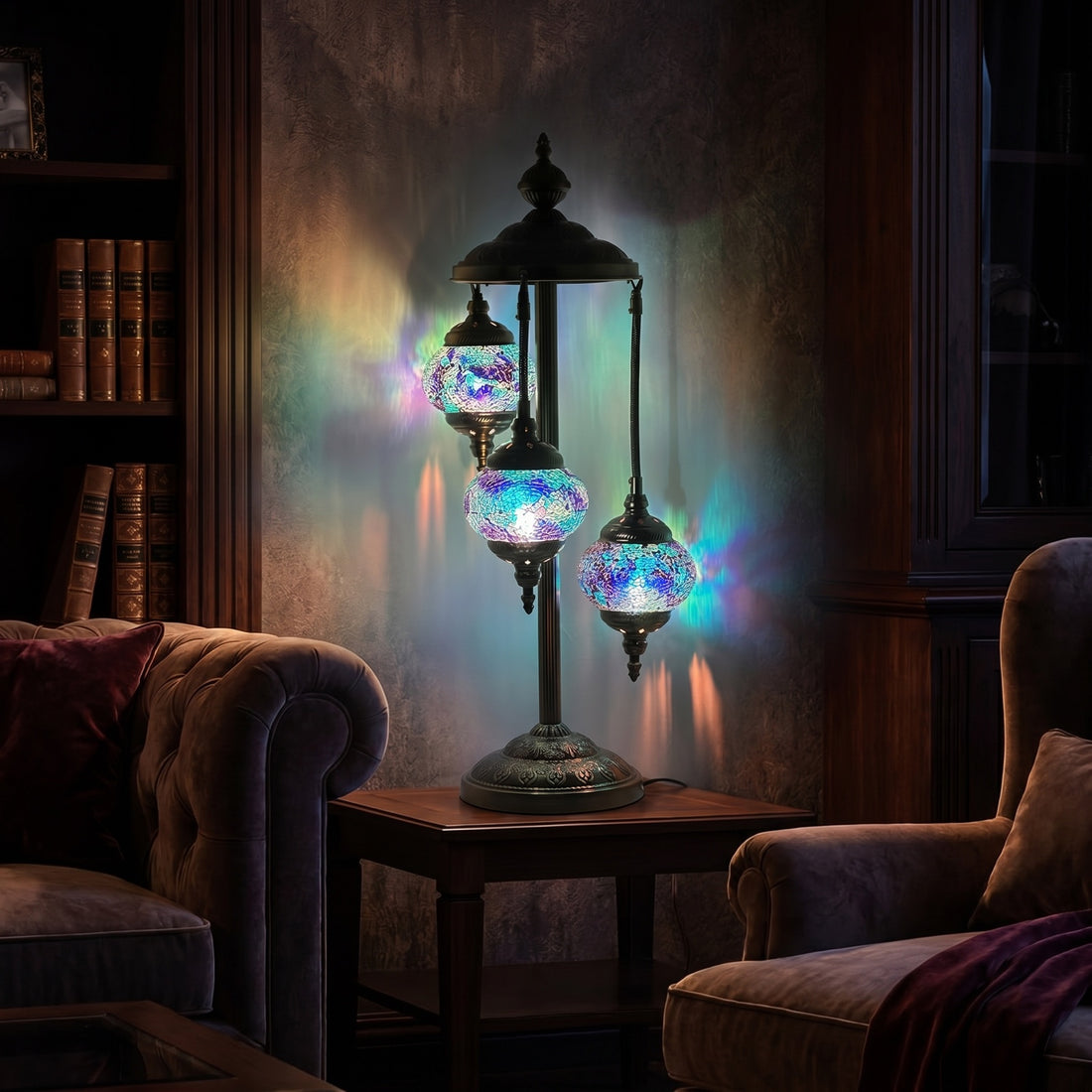 Deep Blue Handmade Turkish Floor Lamps with 3 Globes mosaic glass table lamp — glowing against a deep charcoal background
