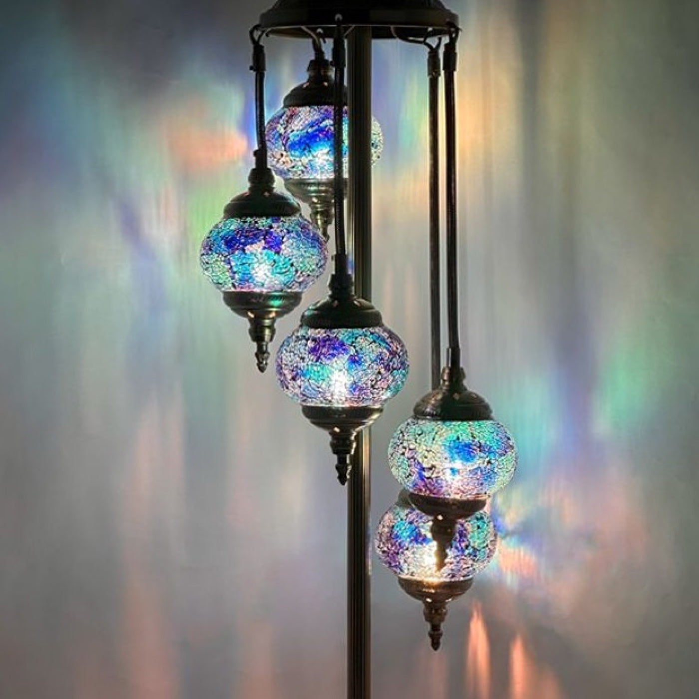 Deep Sea Blue Turkish Lamp with Quintuple Mosaic Globes mosaic glass table lamp — close-up of the hand-cut mosaic glass