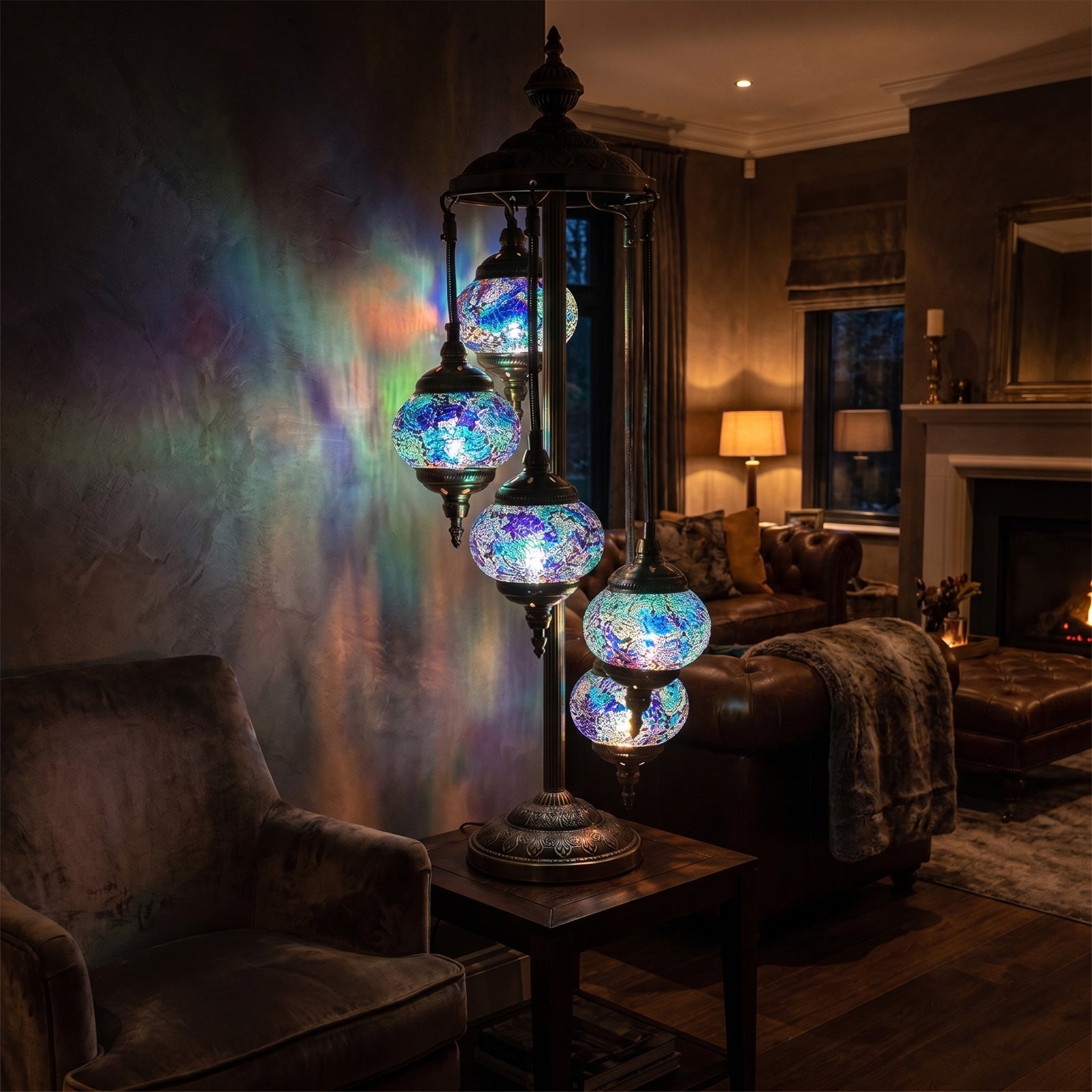 Deep Sea Blue Turkish Lamp with Quintuple Mosaic Globes mosaic glass table lamp — glowing in a warm, dimly-lit evening room