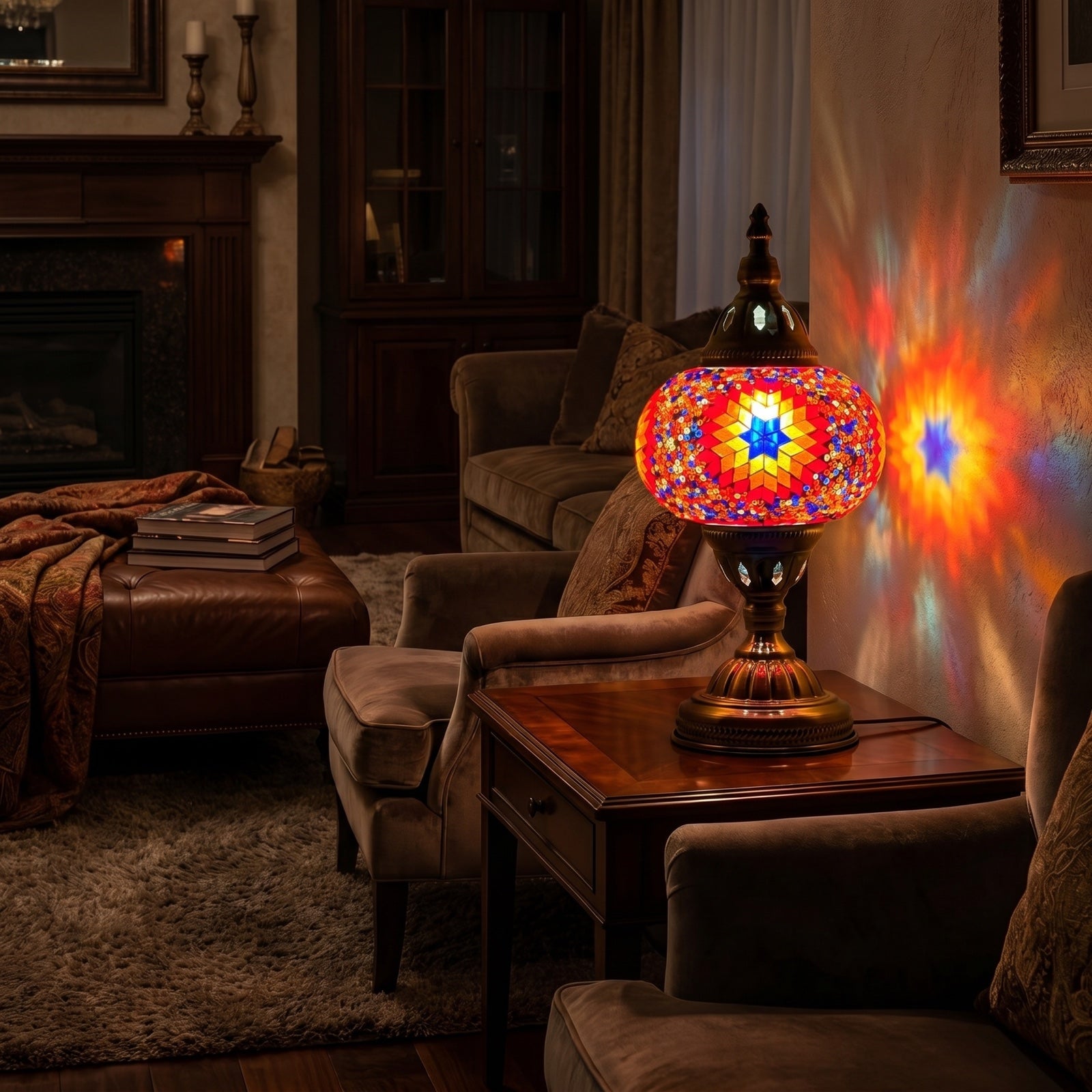 Desert Bloom Mosaic mosaic glass table lamp — glowing in a warm, dimly-lit evening room