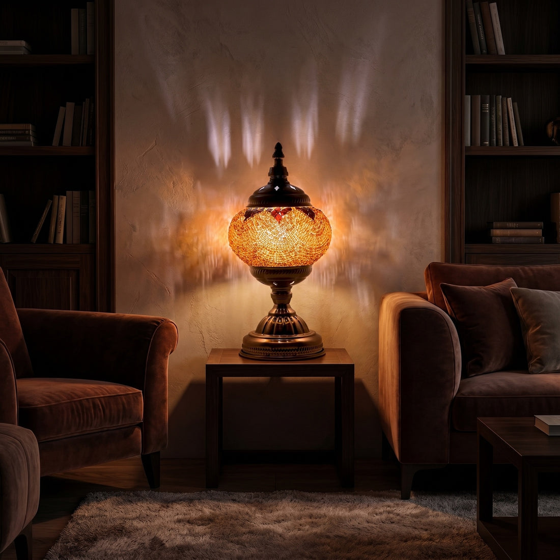 Desert Mirage mosaic glass table lamp — glowing against a deep charcoal background