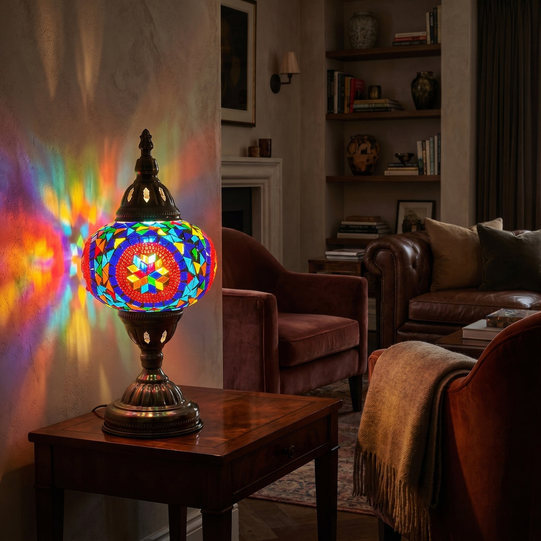 Desert Rose Blue Mosaic Desk Lamp mosaic glass table lamp — glowing against a deep charcoal background