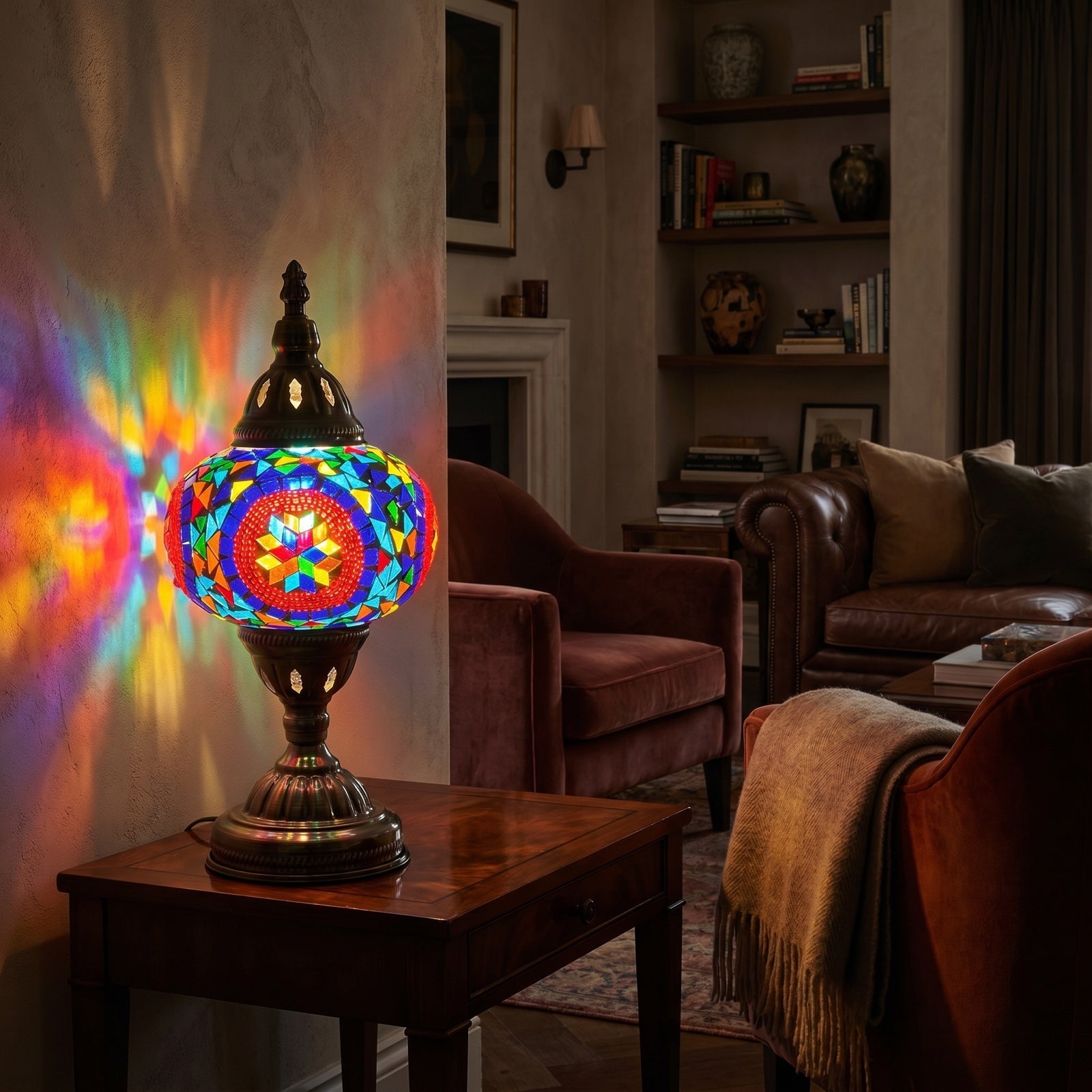 Desert Rose Blue Mosaic Desk Lamp mosaic glass table lamp — glowing in a warm, dimly-lit evening room