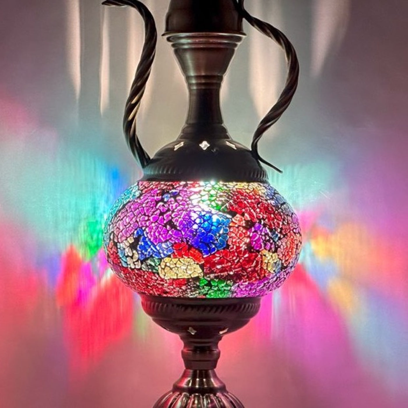 Diverse Colors Turkish Mosaic Lamp with Pitcher Silhouette mosaic glass table lamp — close-up of the hand-cut mosaic glass