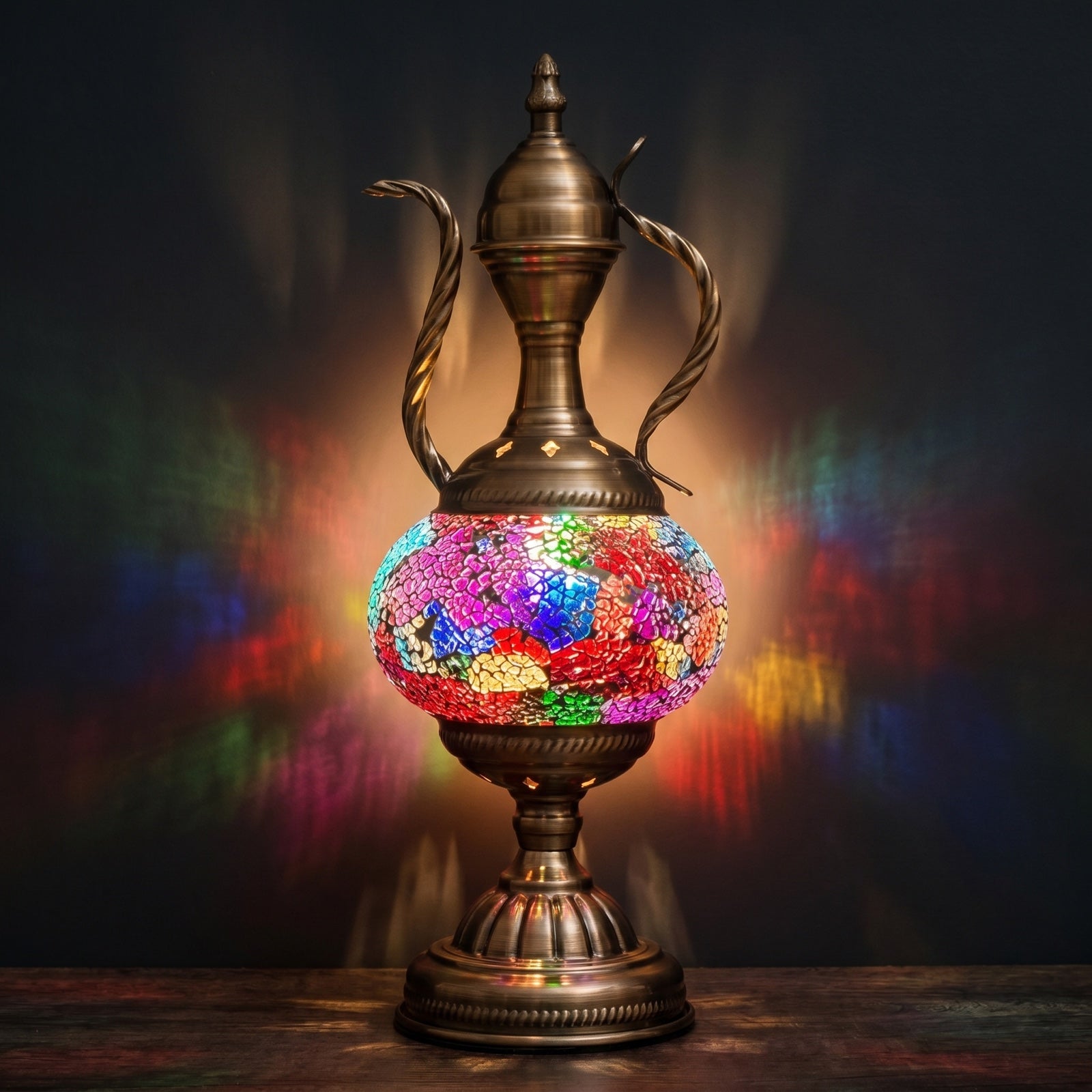 Diverse Colors Turkish Mosaic Lamp with Pitcher Silhouette mosaic glass table lamp — glowing against a deep charcoal background