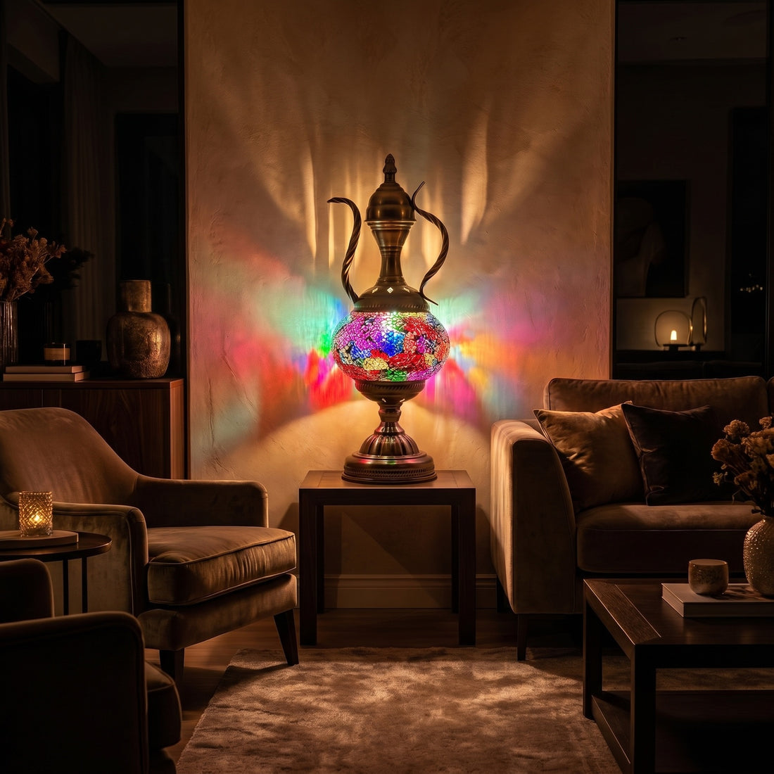 Diverse Colors Turkish Mosaic Lamp with Pitcher Silhouette mosaic glass table lamp — glowing against a deep charcoal background
