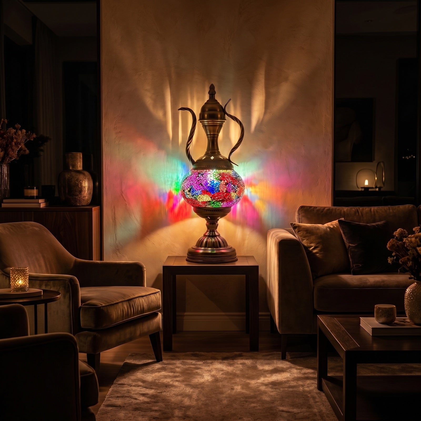 Diverse Colors Turkish Mosaic Lamp with Pitcher Silhouette mosaic glass table lamp — glowing in a warm, dimly-lit evening room