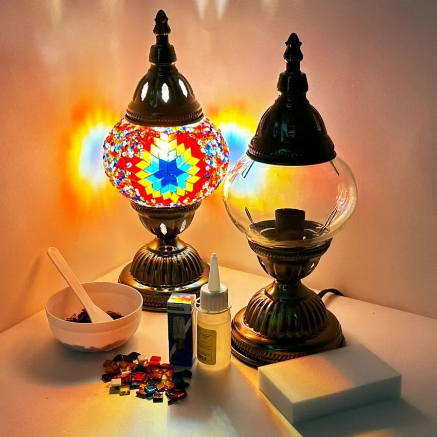 DIY Mosaic Lamp Set - Fiery Petal Flower Pattern on Round Ball Table Lamp