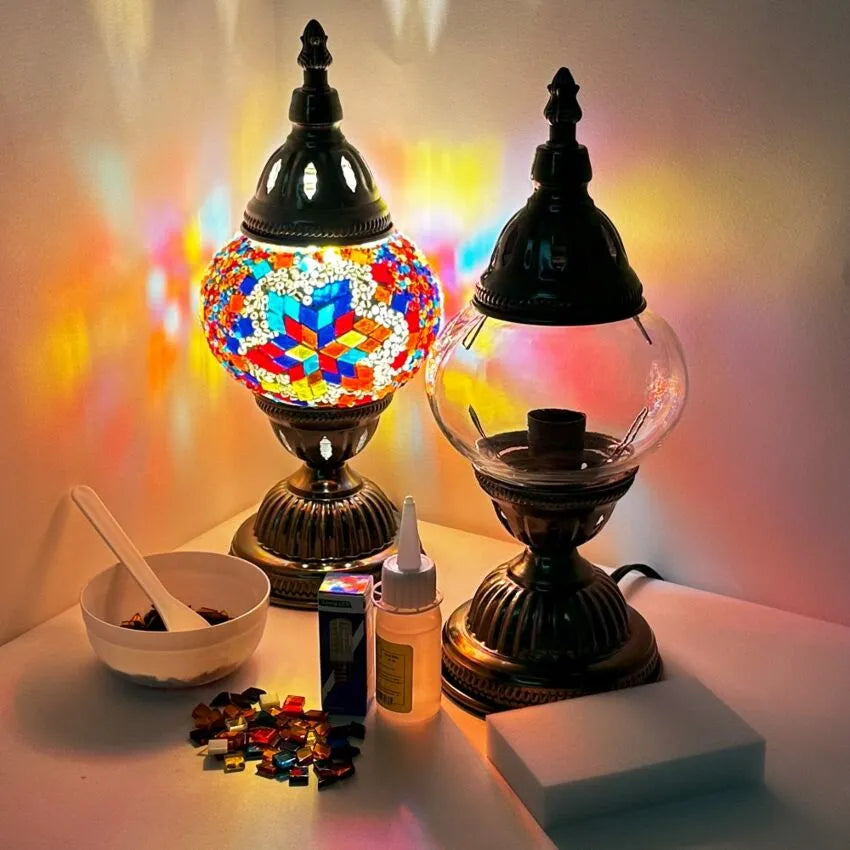 DIY Mosaic Lamp Set - Colorful Flower Pattern on Round Ball Table Lamp