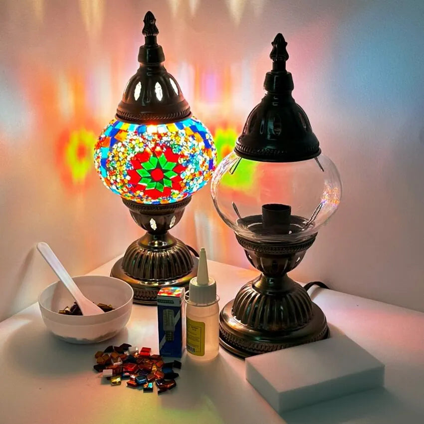 DIY Turkish Mosaic Lamp Set - Red Petal Flower Pattern on Round Ball Table Lamp