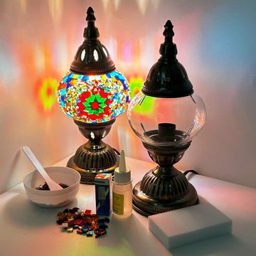 DIY Turkish Mosaic Lamp Set - Red Petal Flower Pattern on Round Ball Table Lamp