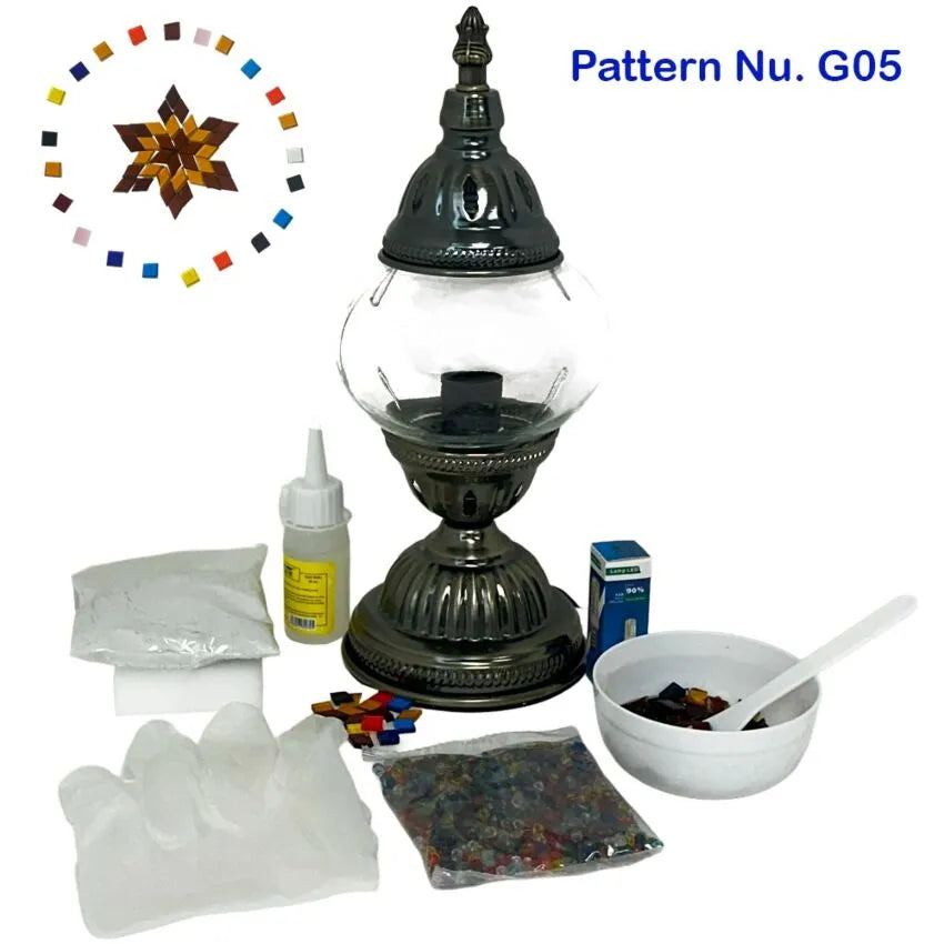 DIY Mosaic Lamp Set - Gold Brown Flower Pattern on Round Ball Table Lamp