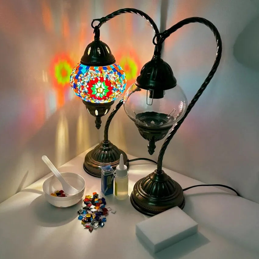 DIY Turkish Mosaic Lamp Set - Red Petal Flower Pattern Swan Neck Turkish Lamp