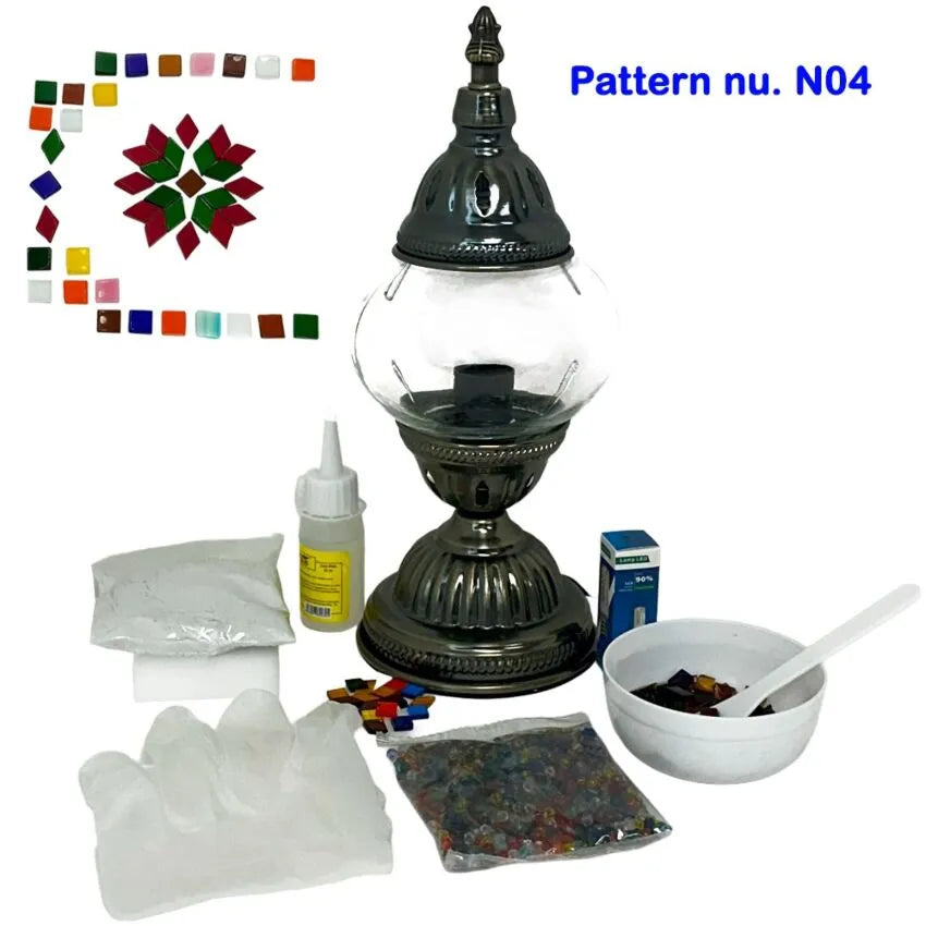 DIY Turkish Mosaic Lamp Set - Red Petal Flower Pattern on Round Ball Table Lamp