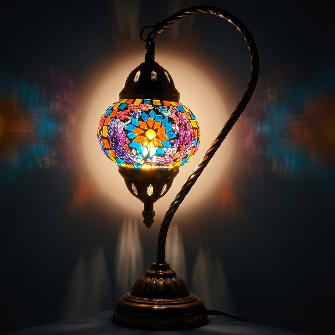 Elegant Blue Sunflower Mosaic Lamp with Turkish Swan Neck Design mosaic glass table lamp — glowing against a deep charcoal background