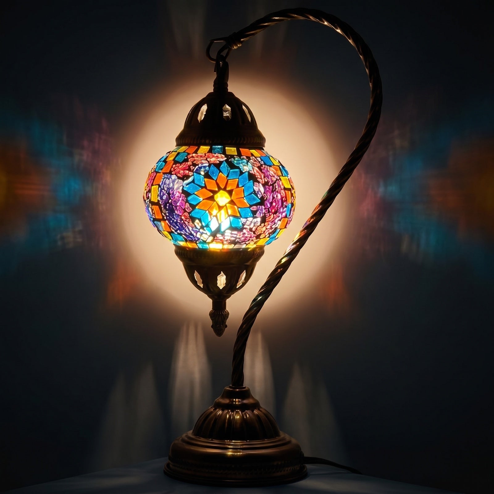 Elegant Blue Sunflower Mosaic Lamp with Turkish Swan Neck Design mosaic glass table lamp — glowing against a deep charcoal background