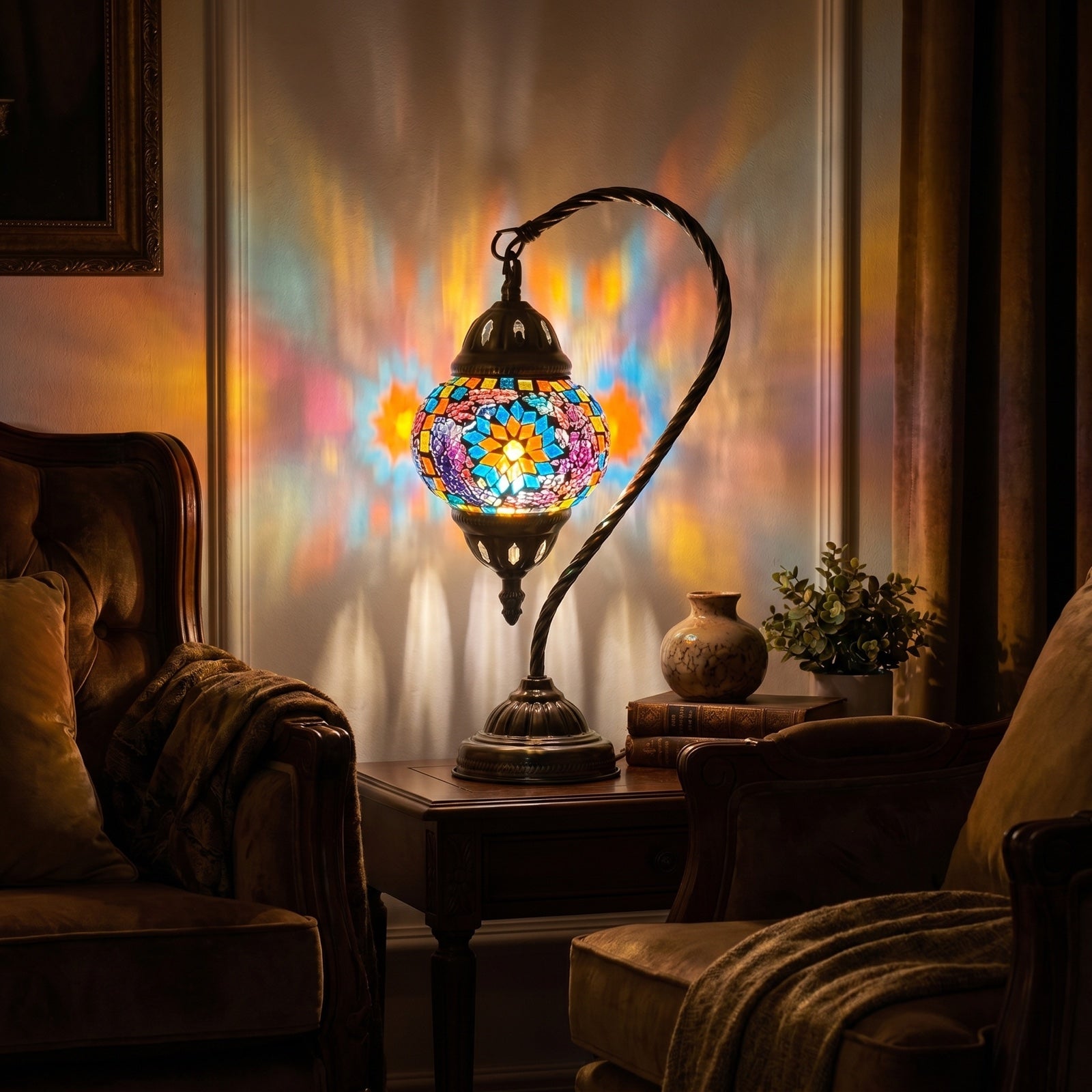 Elegant Blue Sunflower Mosaic Lamp with Turkish Swan Neck Design mosaic glass table lamp — glowing in a warm, dimly-lit evening room