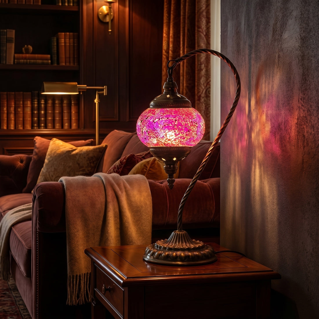 Elegant Lavender mosaic glass table lamp — glowing against a deep charcoal background