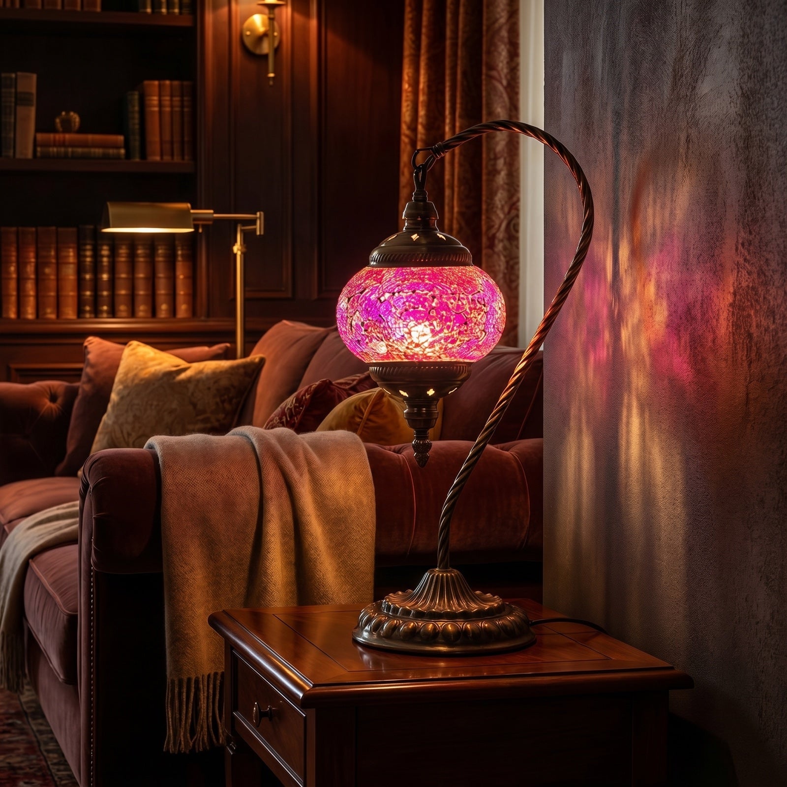 Elegant Lavender mosaic glass table lamp — glowing in a warm, dimly-lit evening room