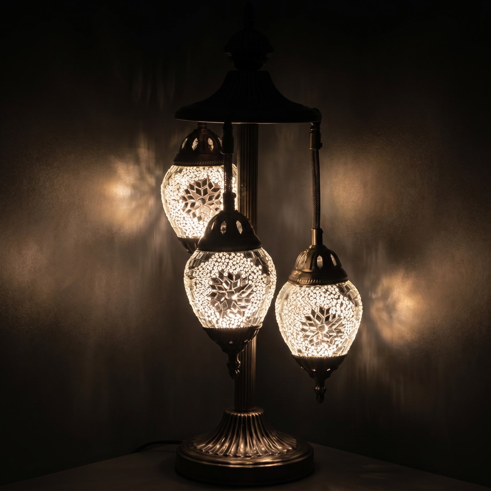 Elegant White Rose mosaic glass table lamp — glowing against a deep charcoal background