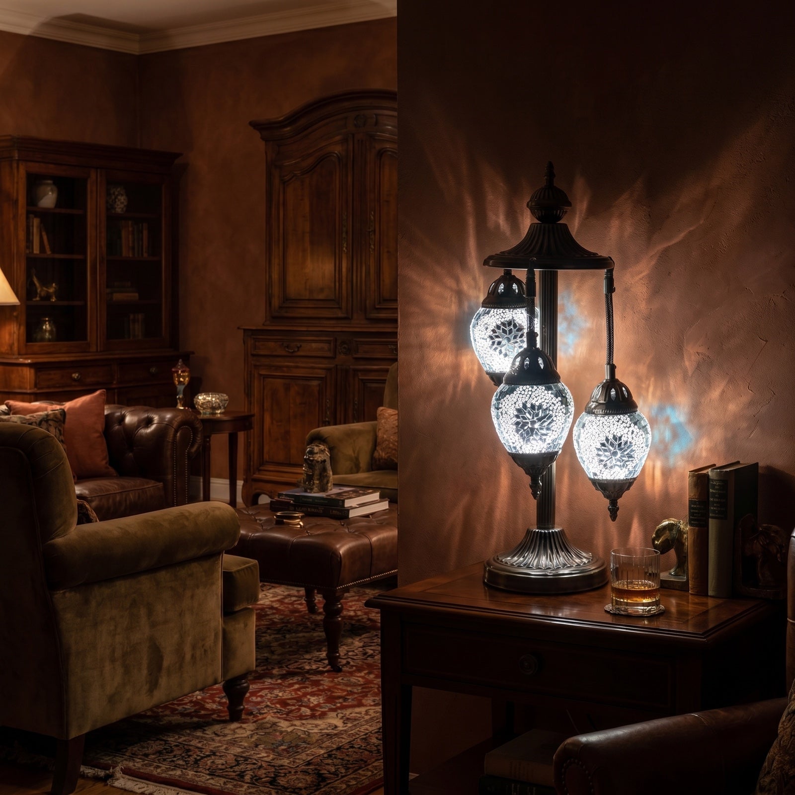 Elegant White Rose mosaic glass table lamp — glowing in a warm, dimly-lit evening room