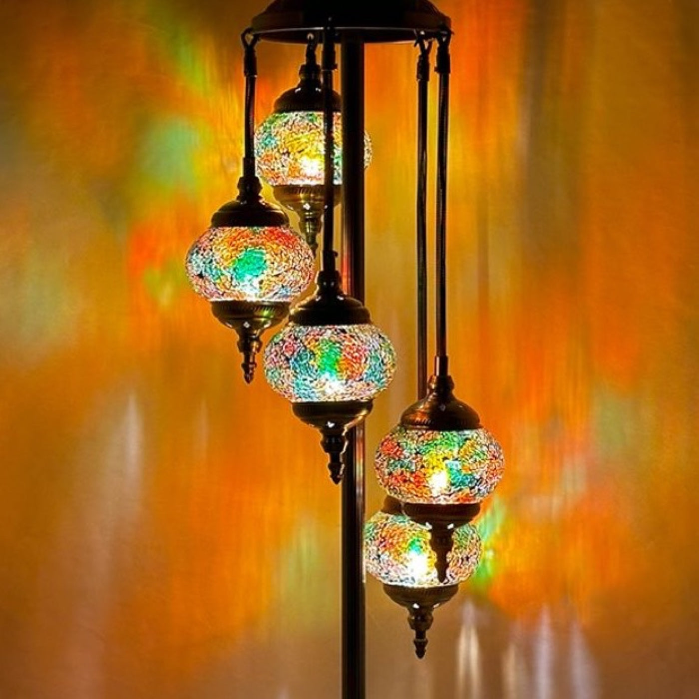 Emerald Glow Turkish Mosaic Lamp with Quintuple Globes mosaic glass table lamp — close-up of the hand-cut mosaic glass