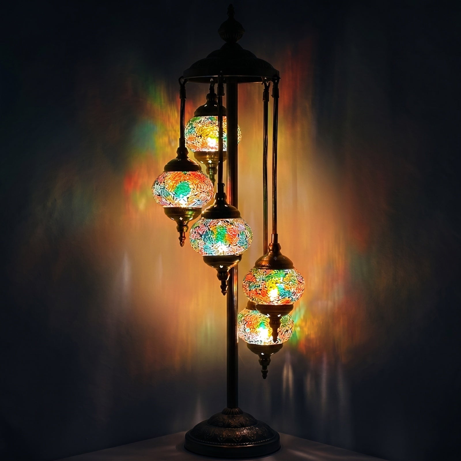 Emerald Glow Turkish Mosaic Lamp with Quintuple Globes mosaic glass table lamp — glowing against a deep charcoal background