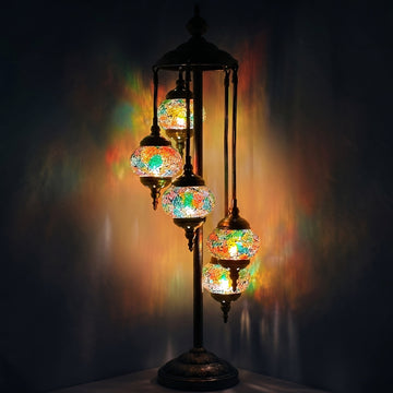 Emerald Glow Turkish Mosaic Lamp with Quintuple Globes mosaic glass table lamp — glowing against a deep charcoal background
