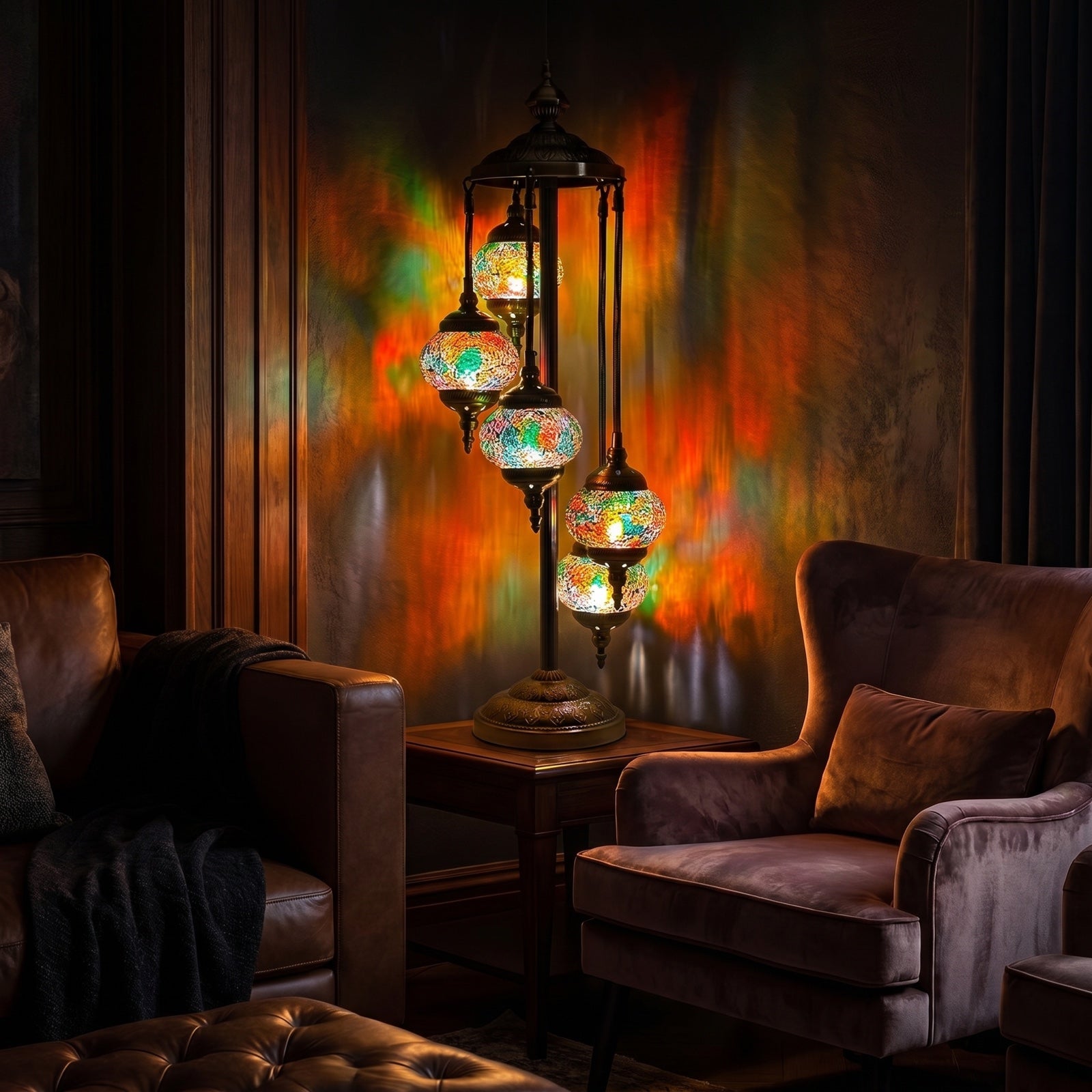 Emerald Glow Turkish Mosaic Lamp with Quintuple Globes mosaic glass table lamp — glowing in a warm, dimly-lit evening room