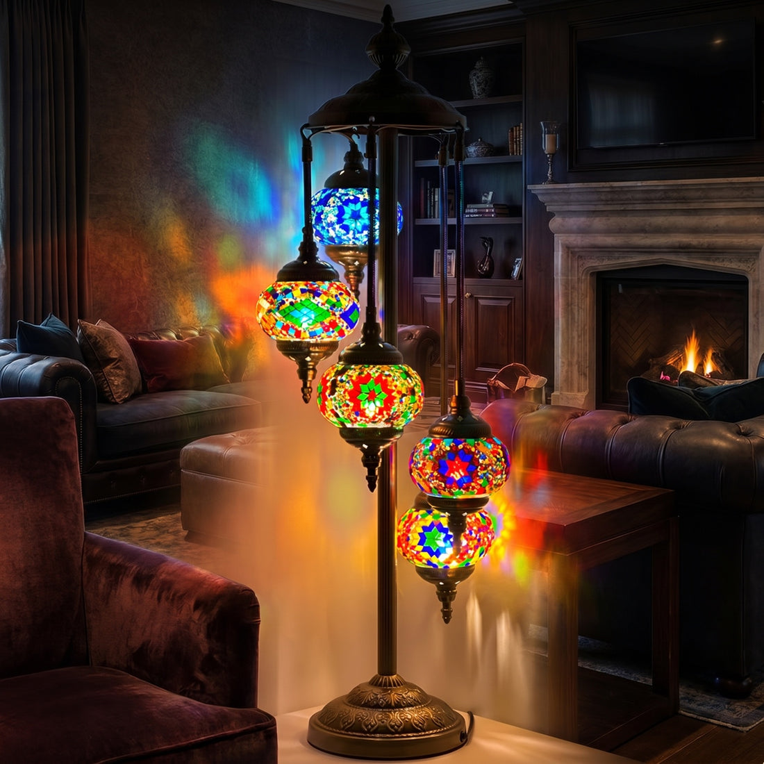 Enchanted Mystic Garden mosaic glass table lamp — glowing against a deep charcoal background