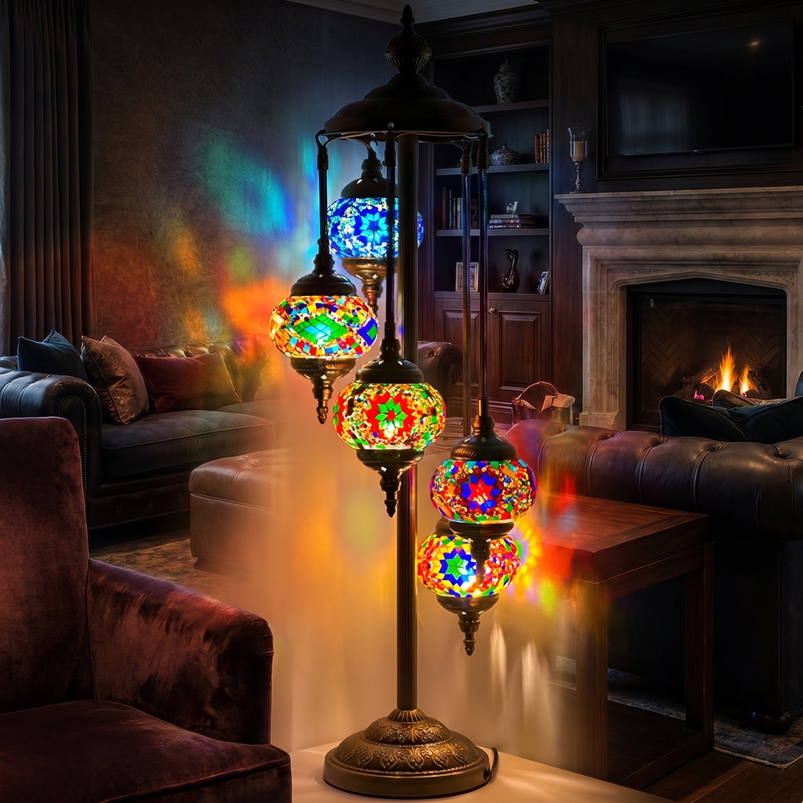 Enchanted Mystic Garden mosaic glass table lamp — glowing in a warm, dimly-lit evening room