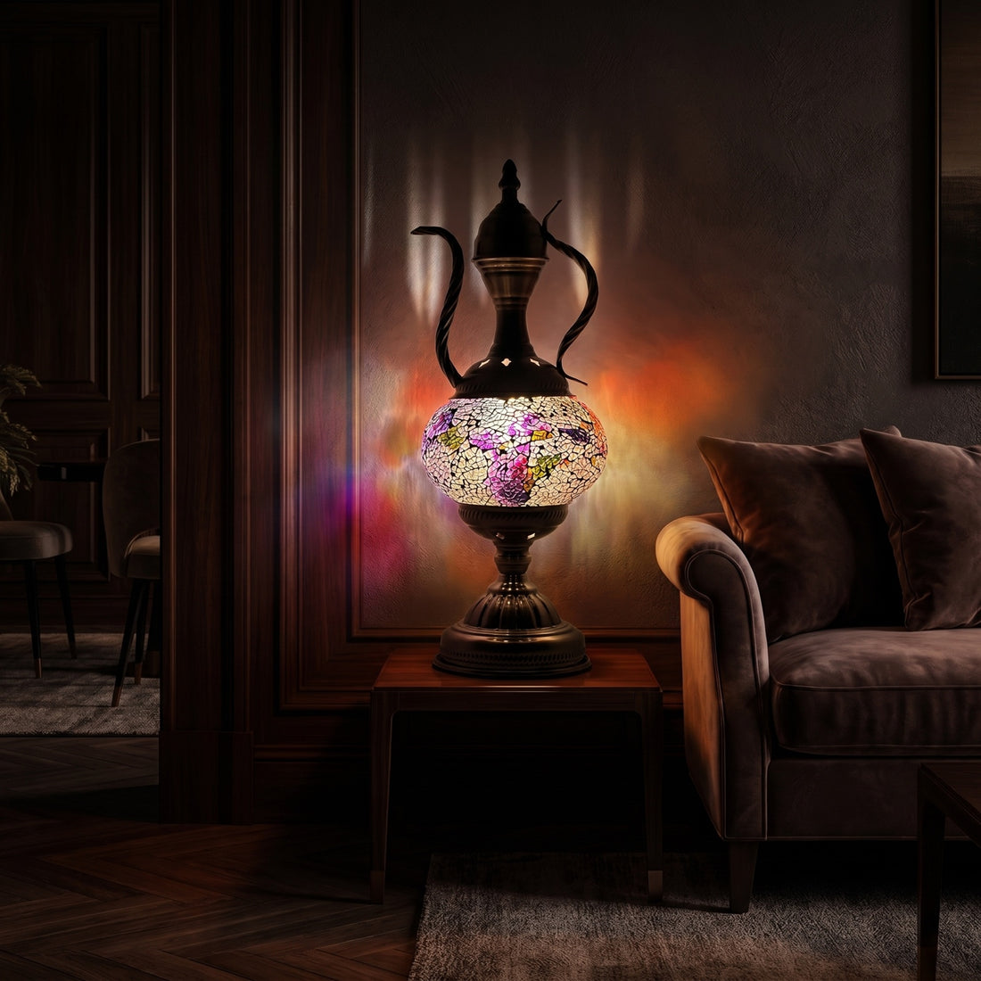 Enchanted Turkish Mosaic Lamp with Classic Pitcher Silhouette mosaic glass table lamp — glowing against a deep charcoal background