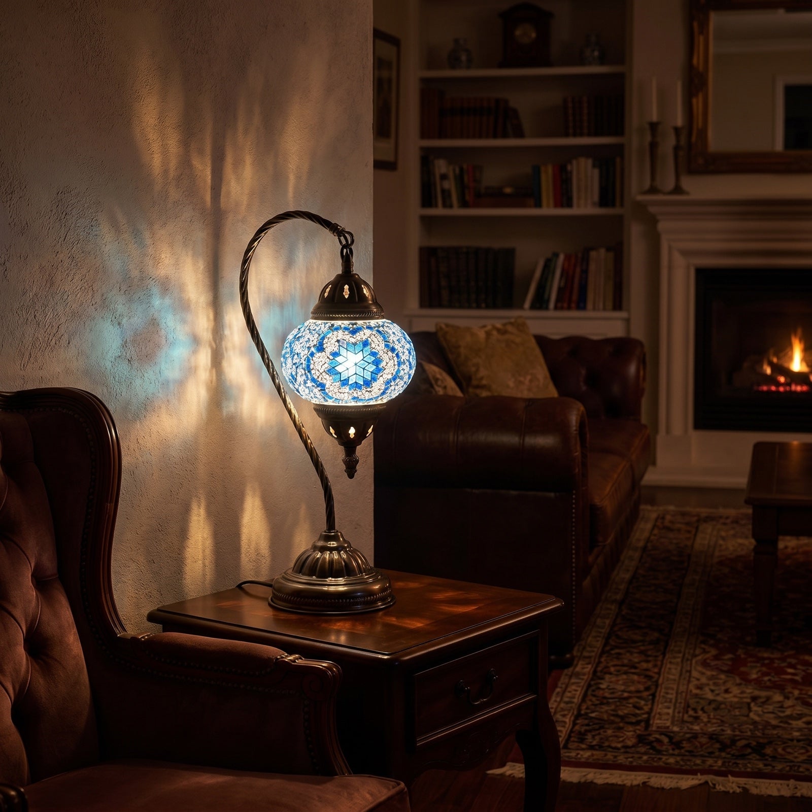 Ethereal Flora mosaic glass table lamp — glowing in a warm, dimly-lit evening room