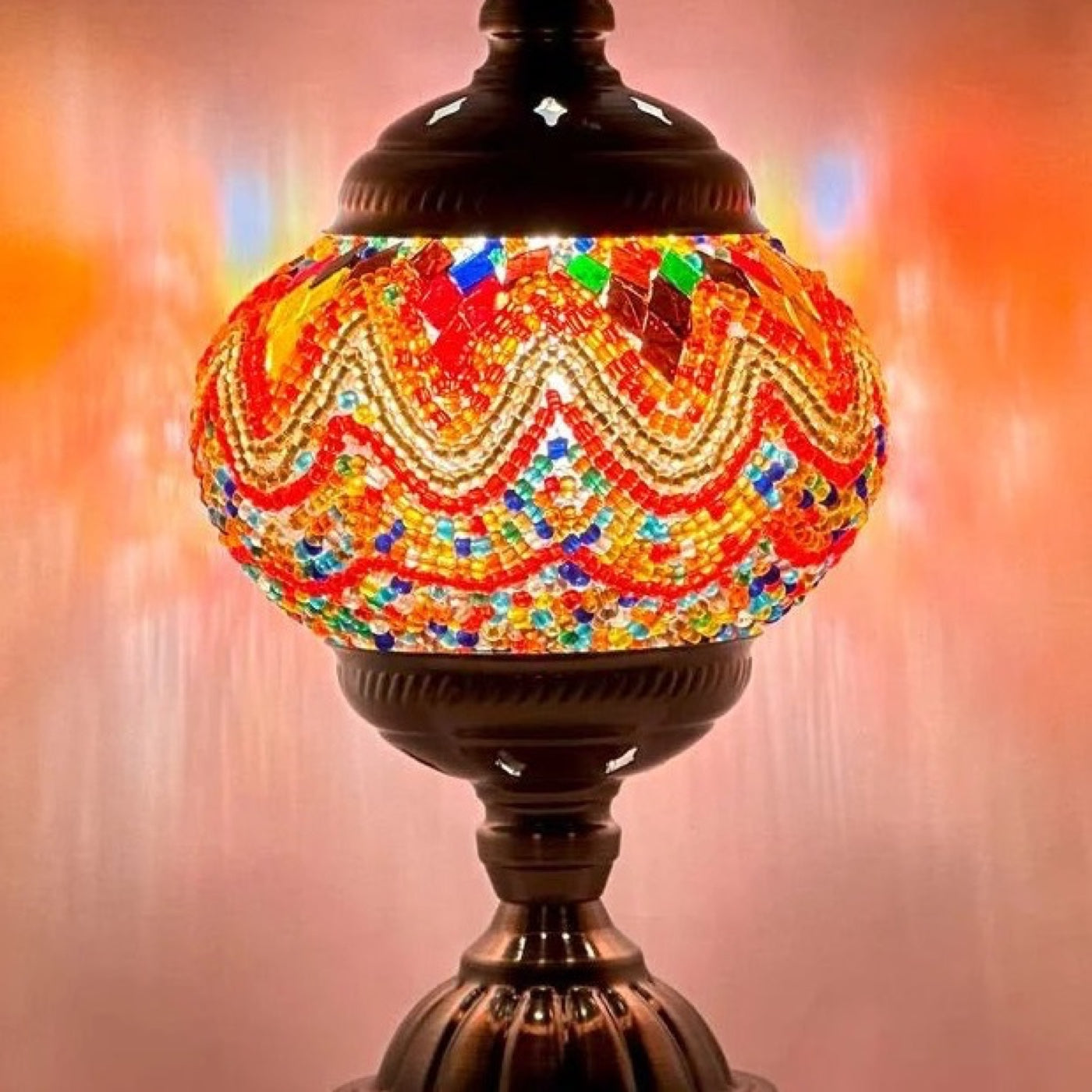 Fiery Echoes mosaic glass table lamp — close-up of the hand-cut mosaic glass