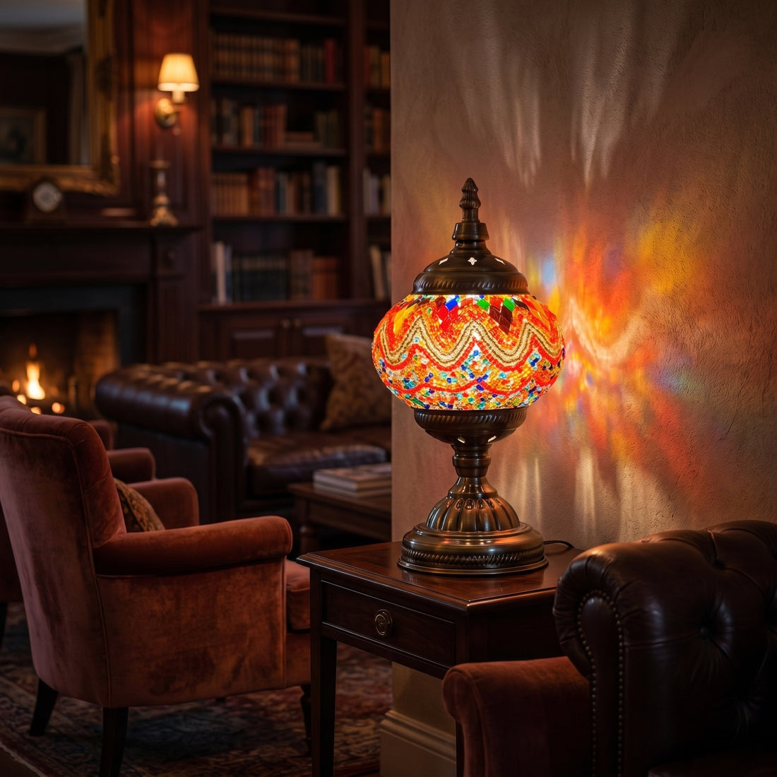 Fiery Echoes mosaic glass table lamp — glowing against a deep charcoal background