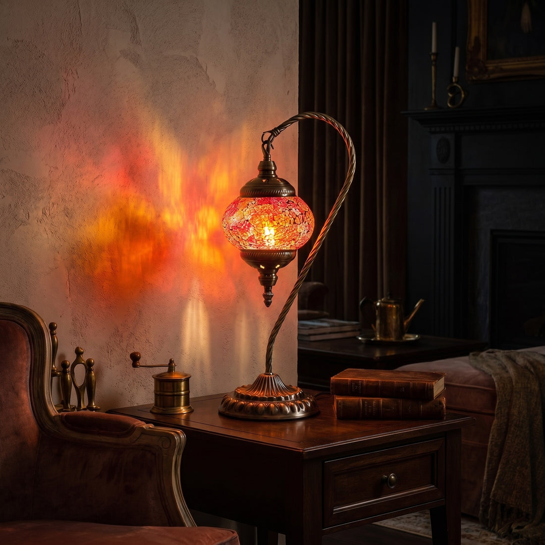 Fiery Grace mosaic glass table lamp — glowing against a deep charcoal background