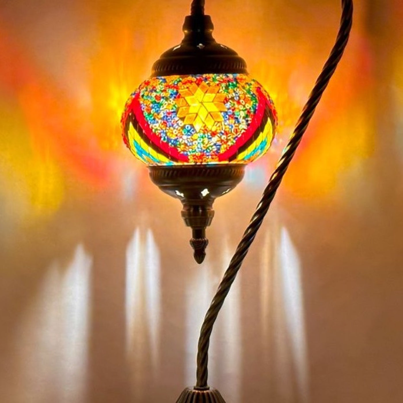 Fiery Waves Swan Neck Handcrafted Mosaic Turkish Lamp mosaic glass table lamp — close-up of the hand-cut mosaic glass