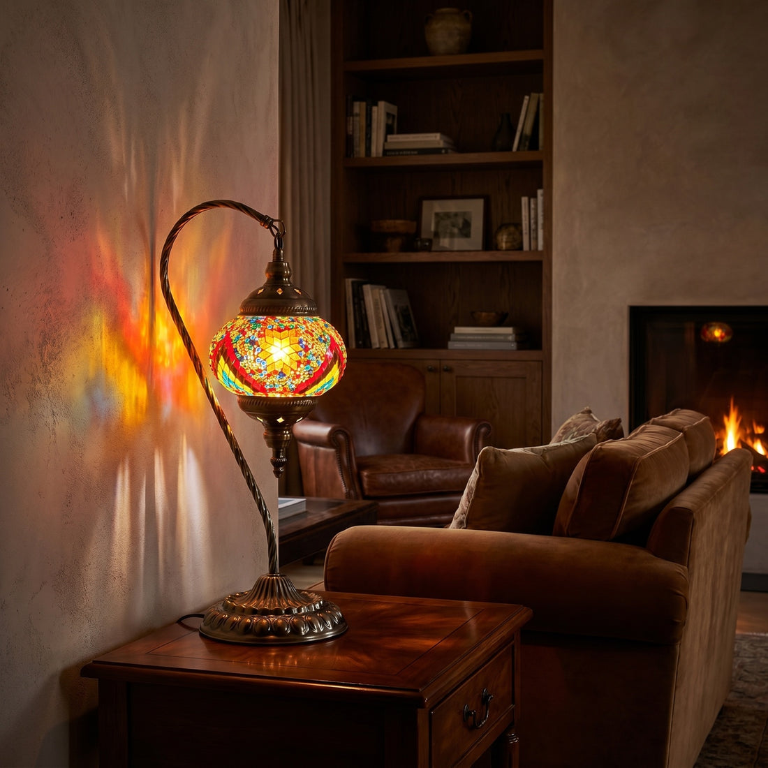 Fiery Waves Swan Neck Handcrafted Mosaic Turkish Lamp mosaic glass table lamp — glowing against a deep charcoal background