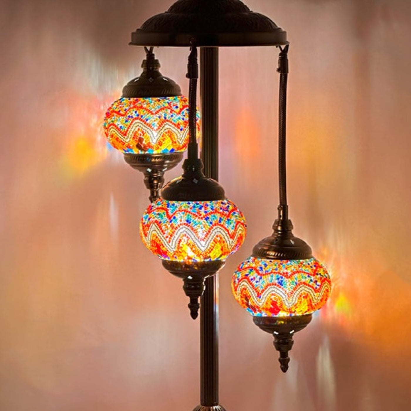 Fire Waves Handcrafted Turkish Floor Lamps with 3 Globes mosaic glass table lamp — close-up of the hand-cut mosaic glass