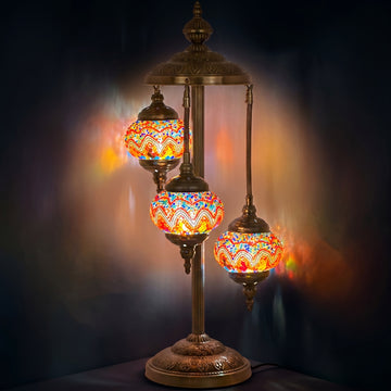 Fire Waves Handcrafted Turkish Floor Lamps with 3 Globes mosaic glass table lamp — glowing against a deep charcoal background