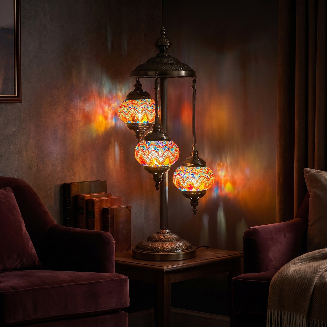 Fire Waves Handcrafted Turkish Floor Lamps with 3 Globes mosaic glass table lamp — glowing against a deep charcoal background