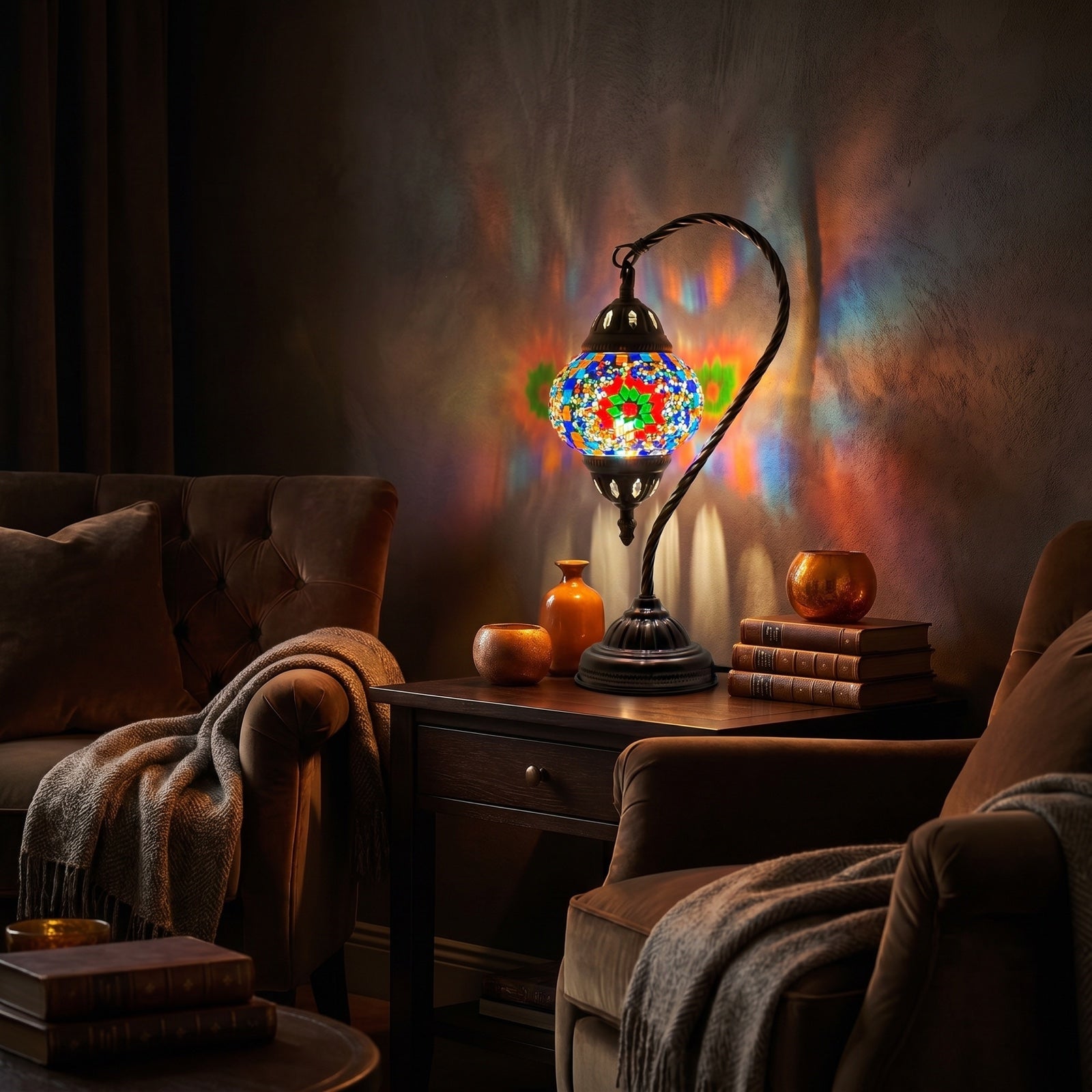 Floral Charm mosaic glass table lamp — glowing in a warm, dimly-lit evening room