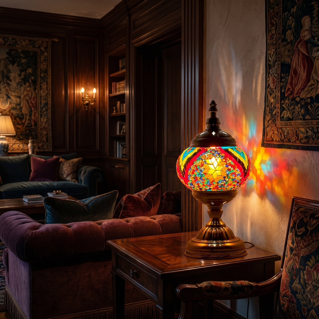 Floral Spectacle mosaic glass table lamp — glowing against a deep charcoal background